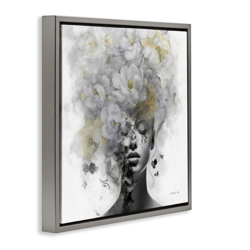  «Hidden Spring Visage Floater», art mural sur toile par Danhui Nai, H 18 po x l 18 po, Cadre flottant gris lustré