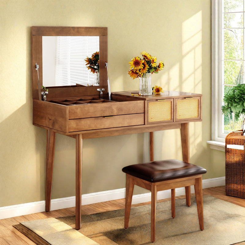 Classic Wood Makeup Vanity Set With Flip-top Mirror And Stool, Three Drawers, Woven Rattan Design And Metal Handles 