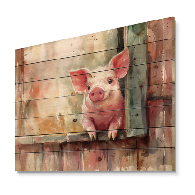 Portrait de cochon mignon à la grange I - cochon animal, art mural sur bois de pin naturel