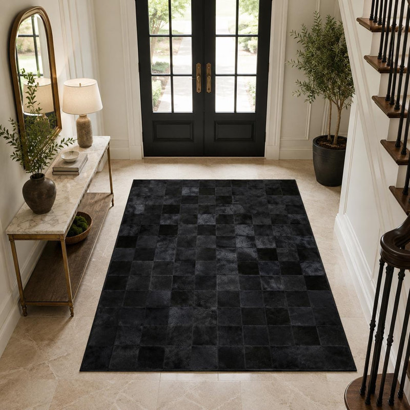 Tapis en cuir de vache noir patchwork, tapis en cuir véritable, décor de maison de luxe moderne, 6 x 9 pi