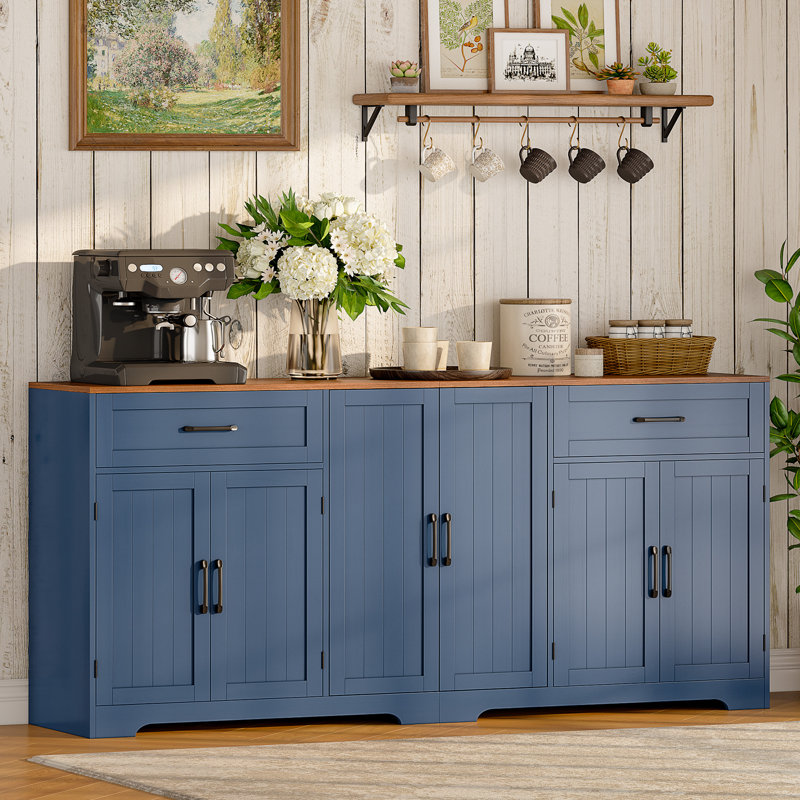 71" Farmhouse Sideboard Buffet Cabinet with Storage, Large Kittchen Credenza with 2 Drawers & 6 Doors, Modern Wooden Coffee Bar Cabinet for Kitchen Dining Room & Living Room, Blue