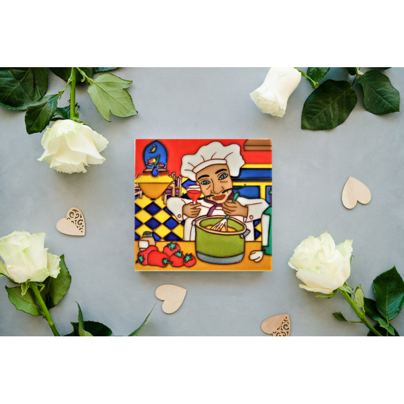 Hand Painted Ceramic Chef Cooking Tile Art Decor