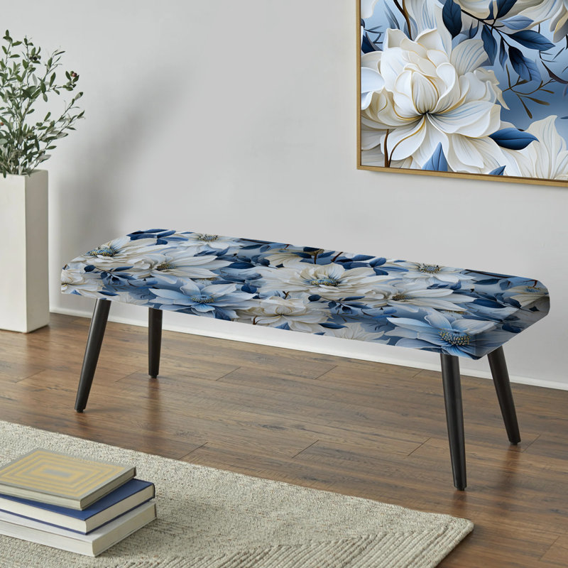 Arctic Blue And White Botanical Pattern I - Floral Upholstered Black Bench