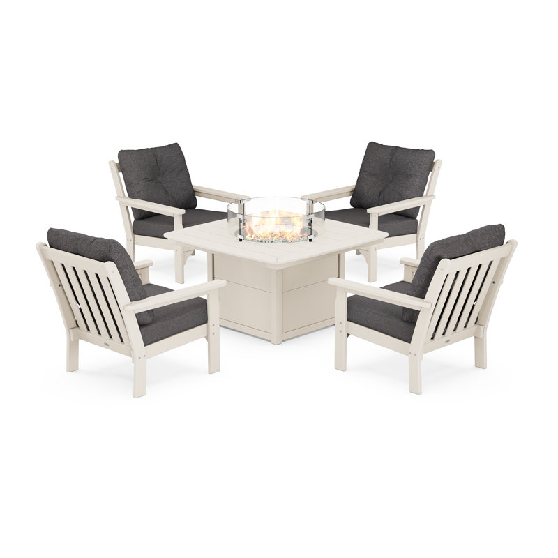 Vineyard 5-Piece Conversation Set with Fire Pit Table, Sand Frame/Ash Charcoal Cushion