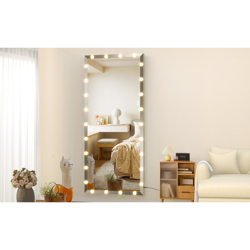 Miroir de vestiaire pleine grandeur avec lumières - 72 x 32 pouces, argent, luminosité réglable, pour chambre à coucher 72 x 32 pouces, 3 choix de luminosité et toilettes