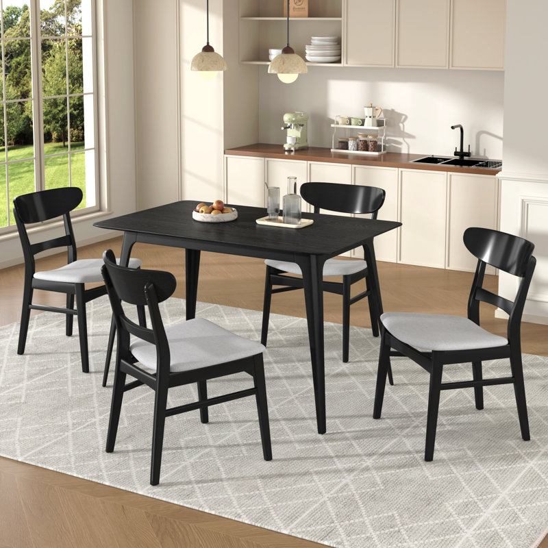Ensemble de salle à manger 5 pièces de style Mid-Century moderne, structure en bois d'hévéa, une table et 4 chaises rembourrées