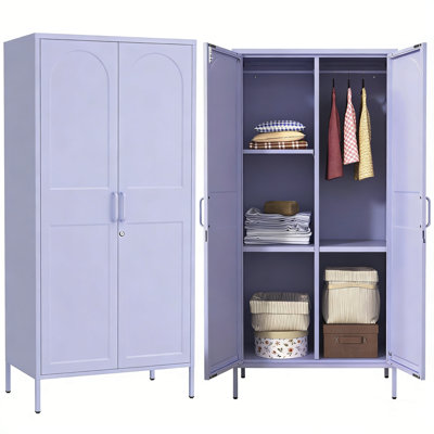 Purple Lockable Armoire Wardrobe Closet Storage Cabinet with Hanging Rod, 67" Metal Wardrobe Cabinet with 2 Doors and 3 Adjustable Shelves for Bedroom, Laundry Room, Cloak Room, Gym, Office