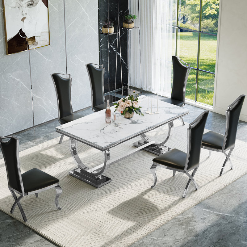 7-Piece Modern Dining Set – 70" Marble Veneer Table with Stainless Steel Base & 6 Upholstered Chairs, Marble White, Silver