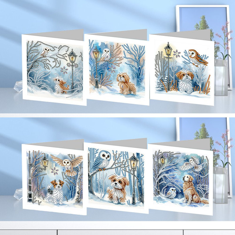 Syntego 6Pcs DIY Dogs In Snowy Trees Diamond Painting Greeting Thank You Christmas Cards Diamond Art Kit