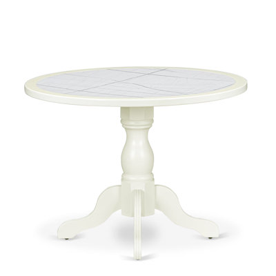 A Round Dining Table with Veined Marble Pattern tabletop, Linen White Finish