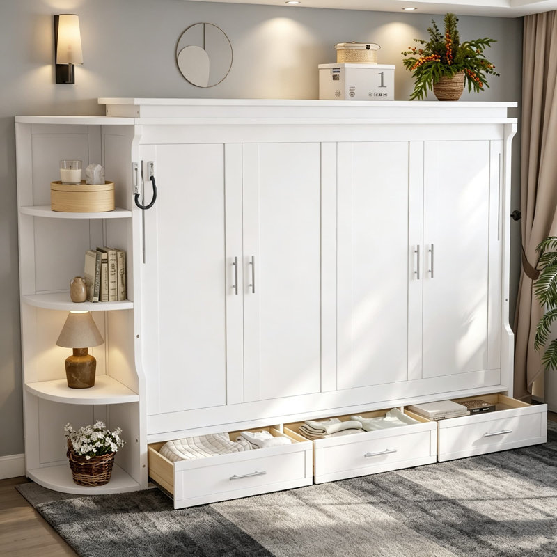 Lit escamotable escamotable, lit plateforme escamotable avec tablette, placards latéraux et tiroirs, lit-armoire pliable, lit caché multifonctionnel, lit-armoire convertible pour chambre d'amis, appartement ou bureau à domicile