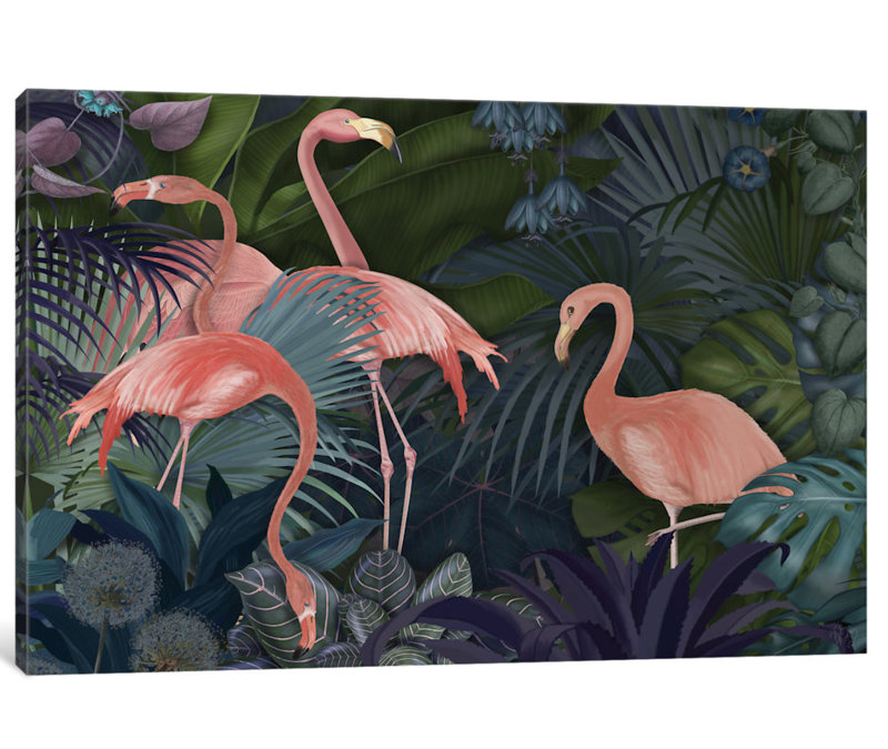 «Flamants dans un jardin II», impression sur toile, H 8 po x l 12 po x P 0,75 po, Toile tendue, Pas de tapis