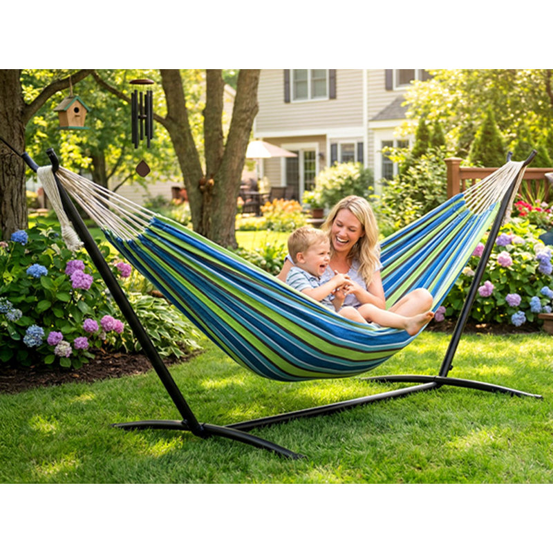  Double Canvas Hammock with Steel Stand with Storage Bag for Indoor/Outdoor Garden, Patio, Deck, Yard & Balcony, Blue, Blue