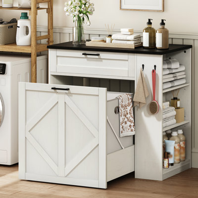 Laundry Hamper Cabinet, Double Laundry Cabinet with 2x11 Gallon Baskets, Pull-Out Laundry Storage Cabinet with 3 Adjustable Shelves, 2 Hooks and Drawer