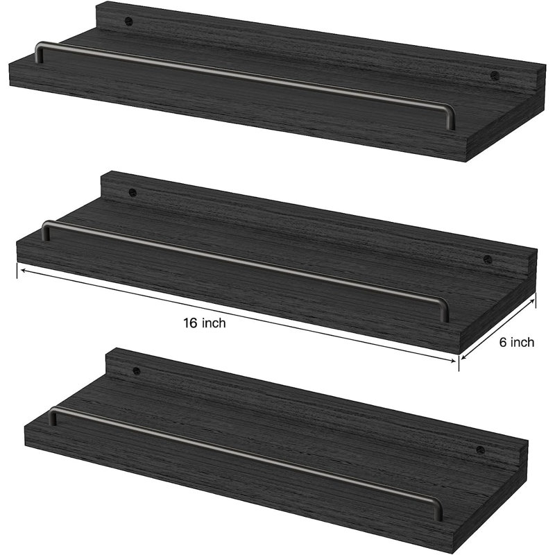 Floating Wall Shelves Set Of 3 - Rustic Farmhouse Decor For Bathroom Over Toilet, Living Room, Bedroom, Kitchen - Sturdy Paulownia Wood With Metal Guardrails - Easy Installation