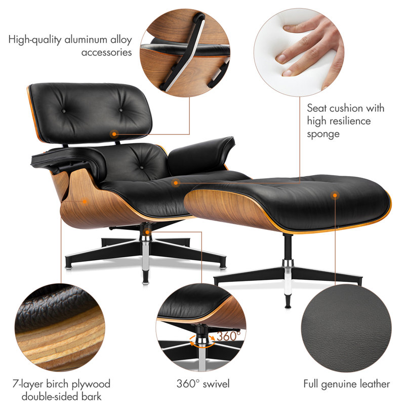 Genuine Leather Swivel Accent Chair with Ottoman