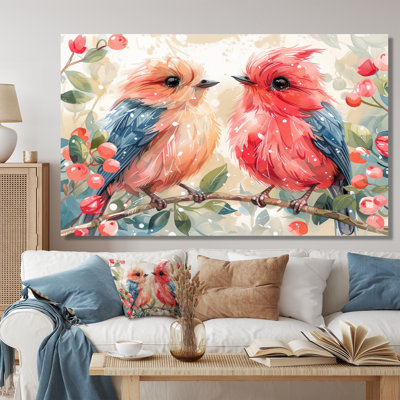 Pink Blue Love Birds On A Branch - Bird Wall Art Living Room