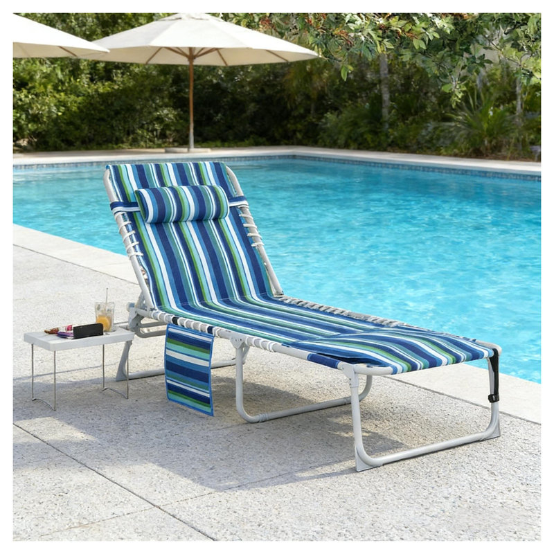 Folding Outdoor Chaise Lounge Chair with Side Table, Blue Stripe and Light Gray Oxford Fabric