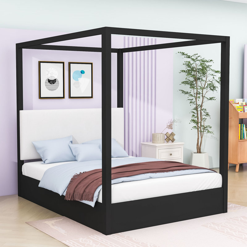 Lit plateforme à baldaquin avec tête de lit tapissier de qualité supérieure, Noir, Grand lit