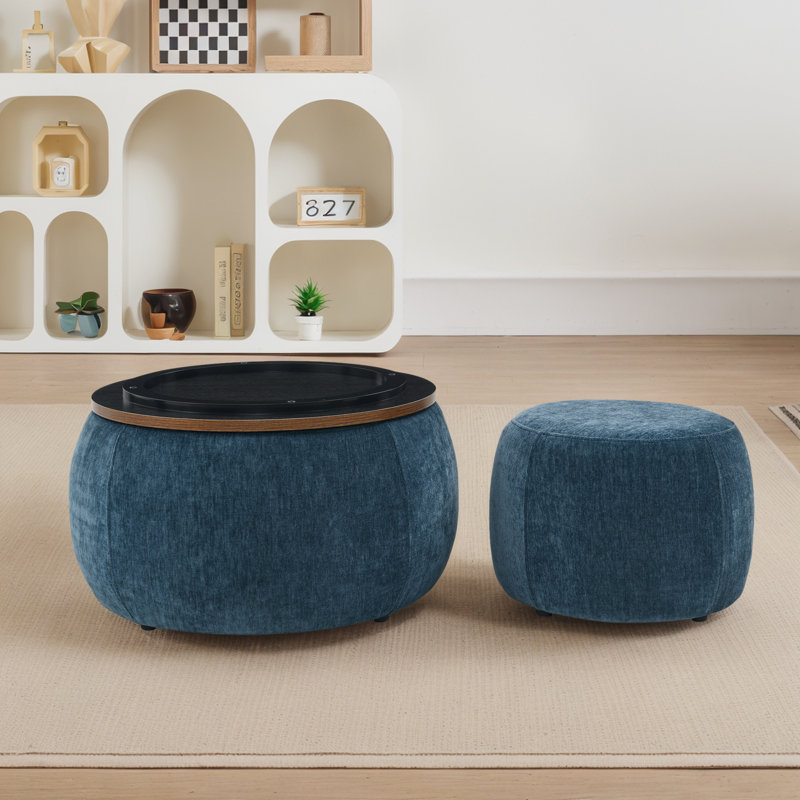Round Storage Ottoman, 2 In 1 Function, Work As End Table And Ottoman,with Small Seat, Brown, Blue