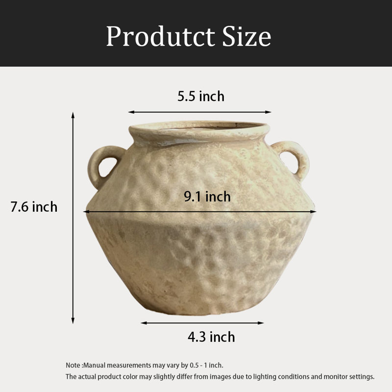Vase en céramique rustique avec 2 poignées, Beige