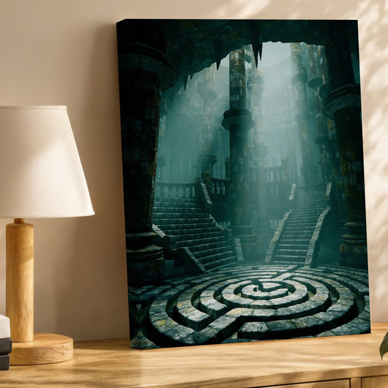 Toile «A Mystical Underway Cavern», présentant des ruines en pierre anciennes avec un art mural complexe, des colonnes et des escaliers vieillis sur toile