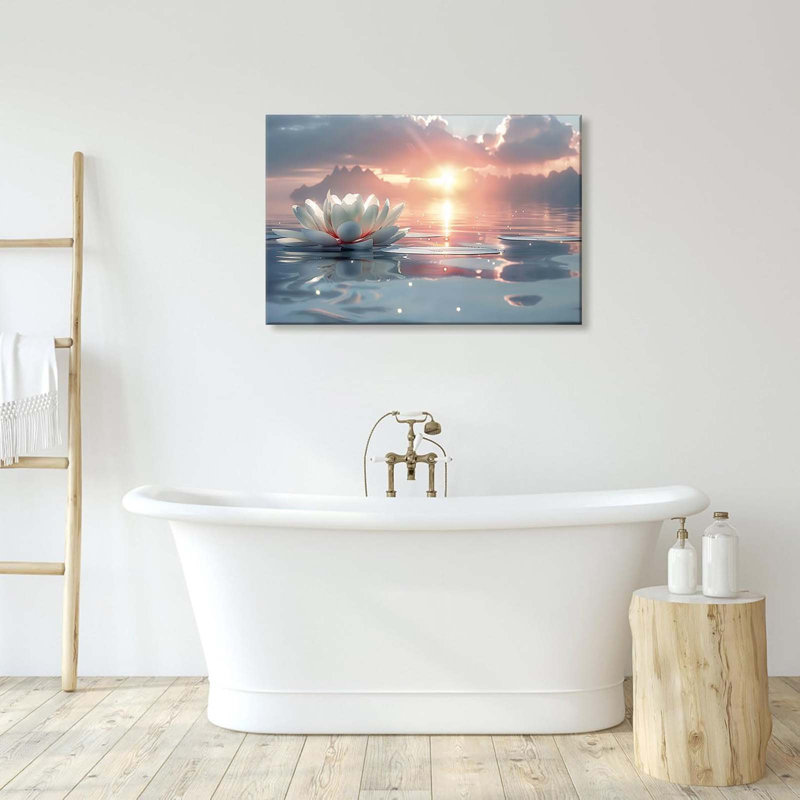 Zen White Lotus Wall Art Sunrise Meditation Canvas Wall Decor Spa Yoga Still Life Painting Prints Relaxing Spiritual Just Breathe Aesthetic Posters Pictures Modern Spiritual Inspiration Framed 12x16 inch
