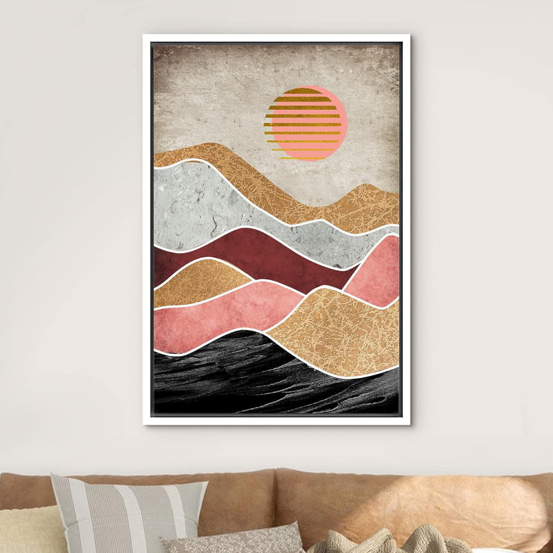 Soleil, chaîne de montagnes, paysage abstrait, illustrations modernes, Blanc, H 24 po x l 16 po