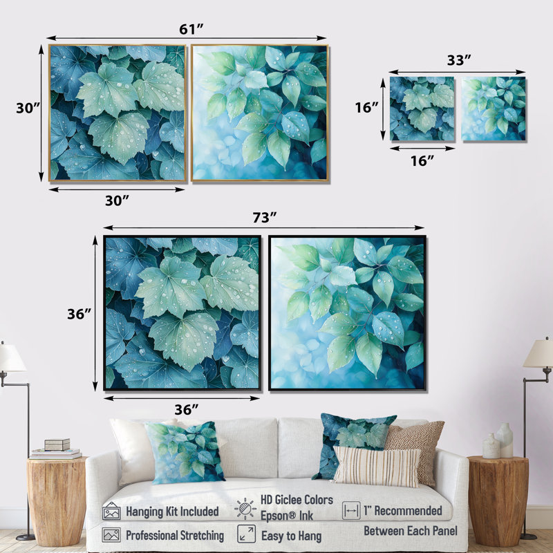 «Morning Dewy Leaves I» - art mural feuilles - ensemble de 2 décorations murales traditionnelles, H 16 po x l 33 po