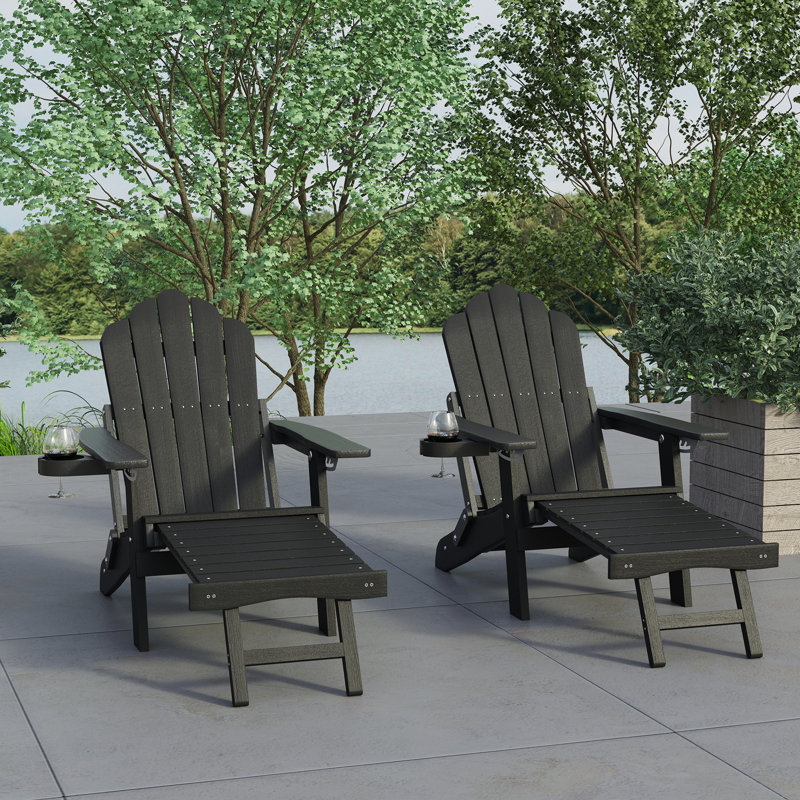 Folding Adirondack Chair with Cup Holders, Fire Pit Chair with Retractable Ottoman,  Multifunctional HIPS Chair for Porch, Patio, Balcony