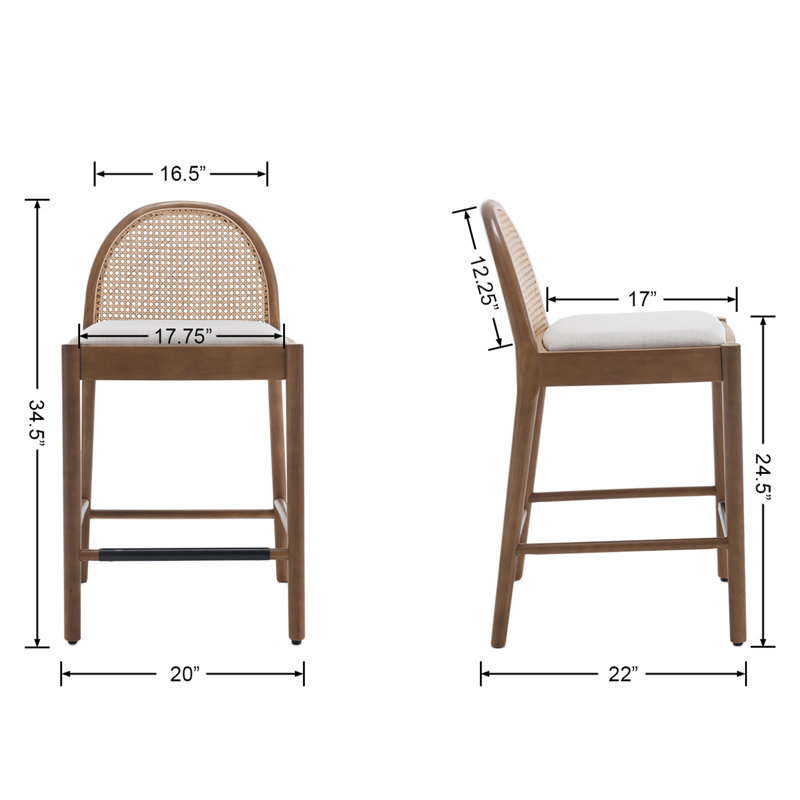 Emington Modern Stools with Rattan Backrests and Wood Frame, Counter Stool (26” Seat Height), Beige/Nature
