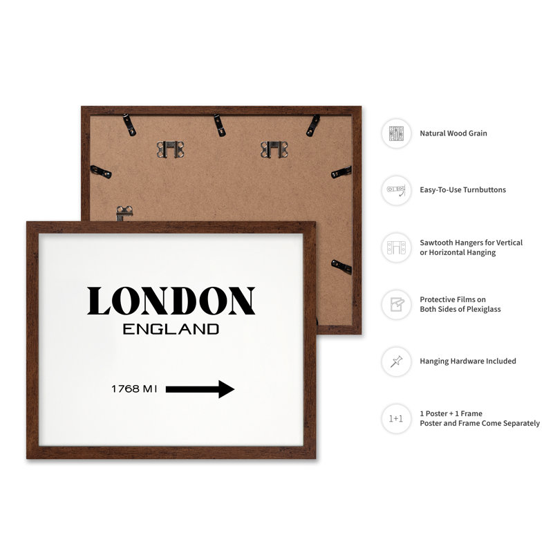 Signe de Londres, Angleterre, H 18 po x l 24 po, Affiche, Encadrement brun