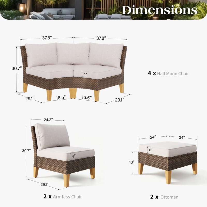 Ensemble de mobilier d'extérieur en rotin avec coussins 12 pièces Shutesbury, 4 pièces: 2 canapés modulaires, 2 repose-pieds