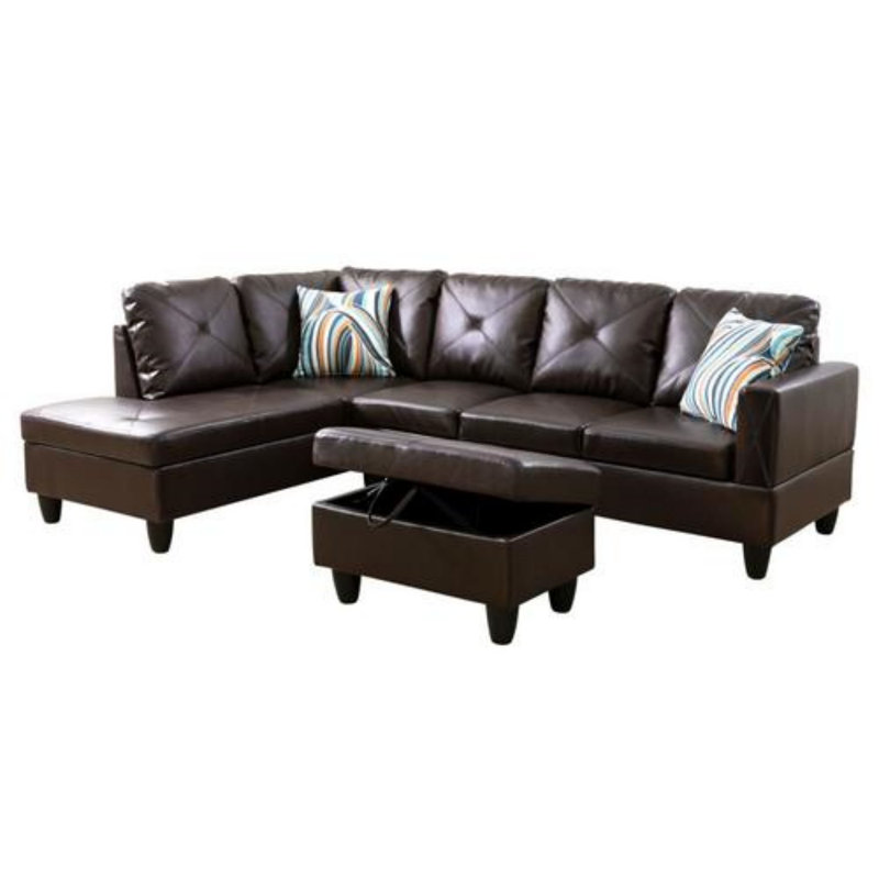 Halid Wide Sofa & Chaise with Ottoman, Left Hand Facing, Faux Leather Brown