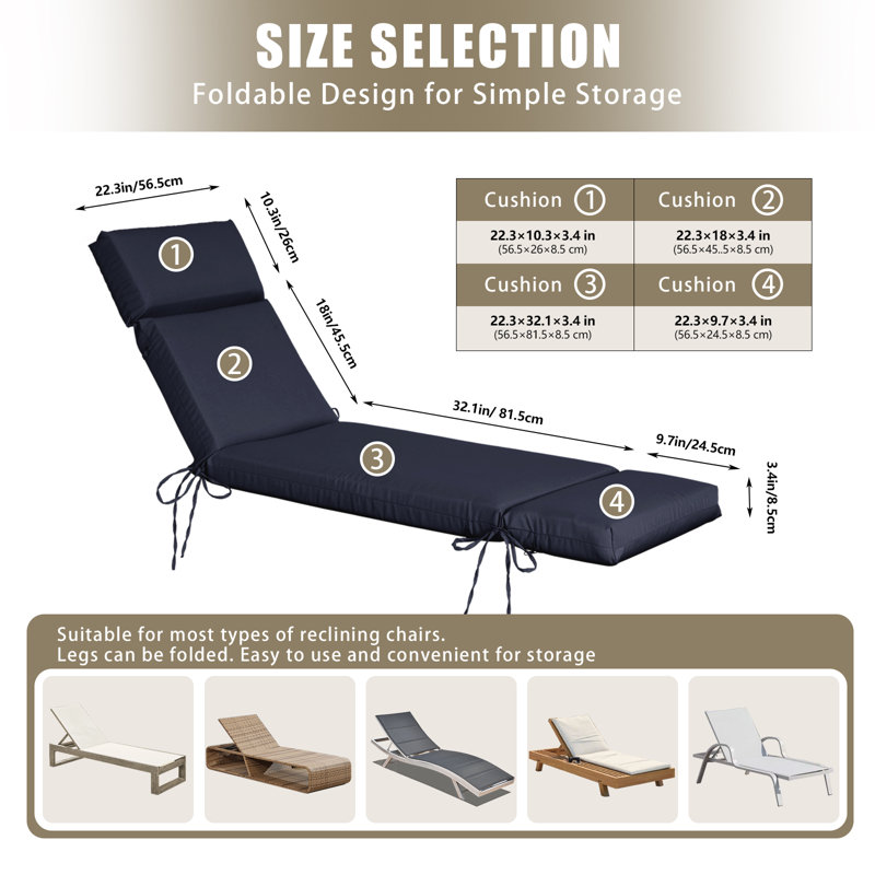70" x 22.3" Extra Long Chaise Lounge Cushion – 3.4" Thick Fade-Resistant Pad with Removable Machine-Washable Cover – Water-Resistant Replacement Cushion for Outdoor Patio Sun Loungers
