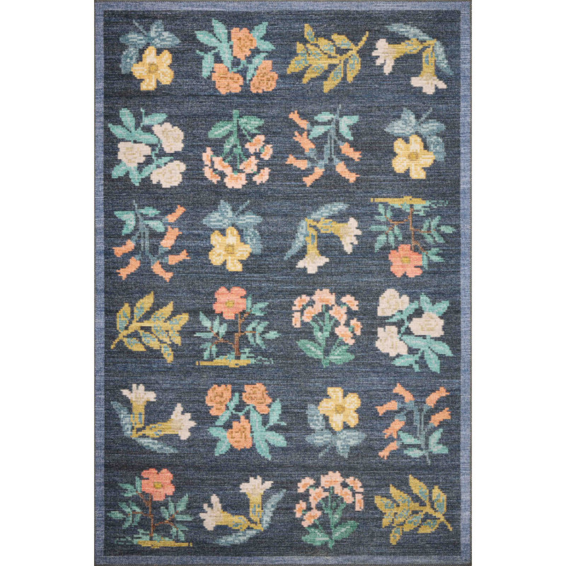 Navy Floral Synthetic 3'-9" x 5'-6" Area Rug