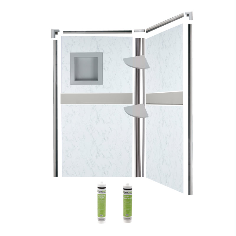 Bella CORE 2 Wall Tub and Shower Surround with Katrina Design Strip up to 48Dx48Wx102H, White Carrara/Dark Gray