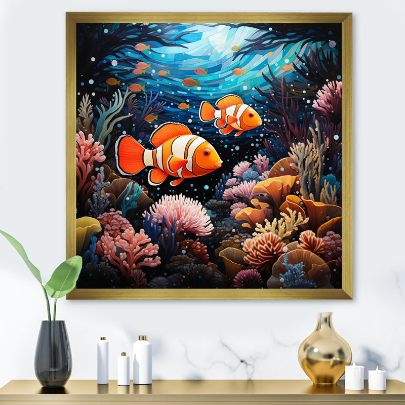Orange Teal Clownfish Silent Underwater II - Animals Canvas Art Print, H 16 po x l 16 po x P 1 po, Encadrement doré