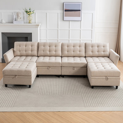 Canapé modulaire 6 places avec 2 repose-pieds - 4 sièges + 2 repose-pieds, lin de qualité supérieure, accoudoirs réglables à 2 vitesses "113" "113"