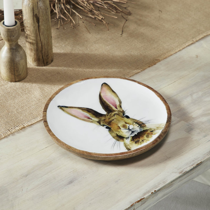 Assiette en bois Bunny Hop blanc avec lapin, H 9,75 po x l 9,75 po x P 0,75 po