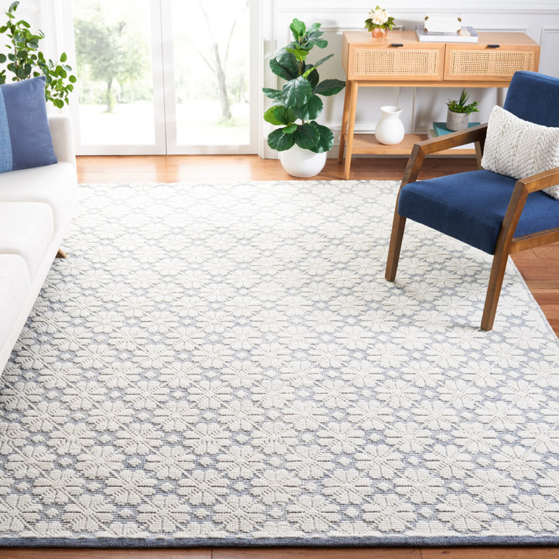 Tapis bleu / ivoire en laine tissé à la main Sharene, Rectangle 8 pi x 10 pi