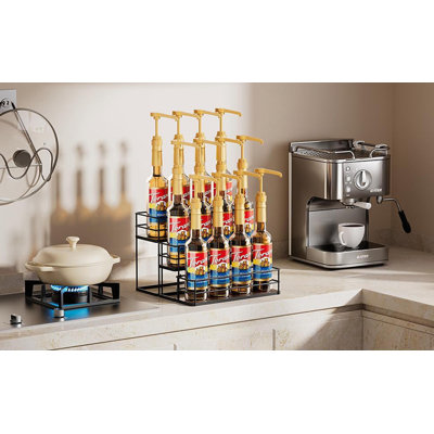3 Tier Coffee Syrup Organizer Rack Holds 12 Bottles, Metal And Wood Countertop Stand For Condiments Oil Vinegar And Bar Storage