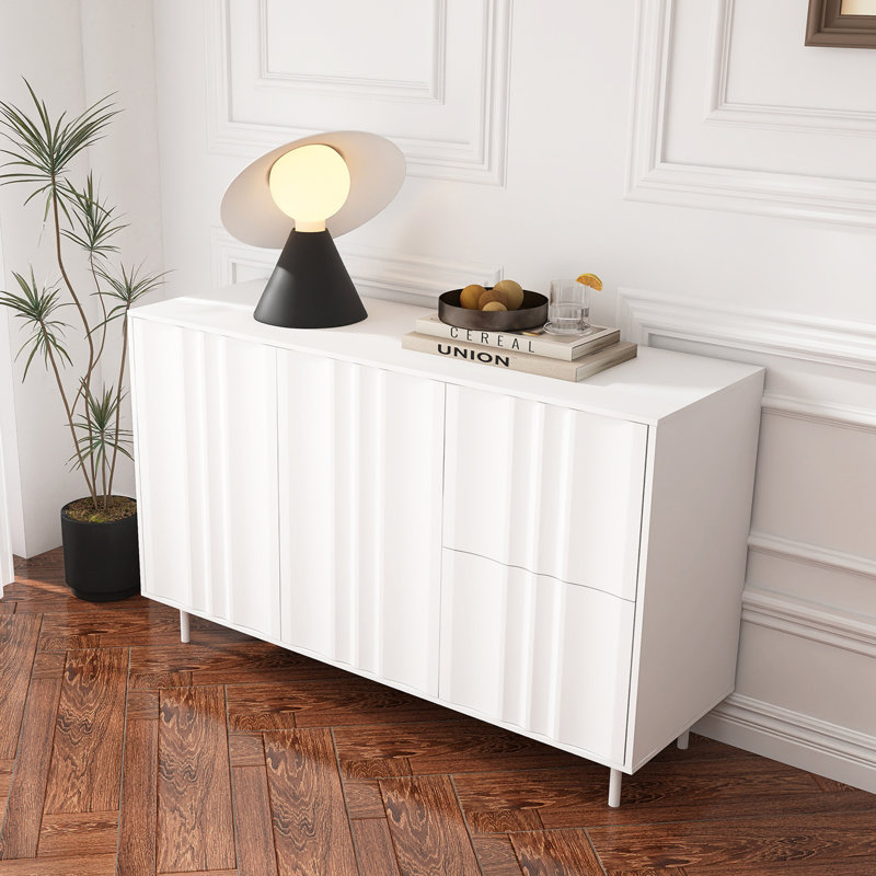 Buffet à motif de vagues avec 2 portes, 2 tiroirs et tablettes réglables, Blanc