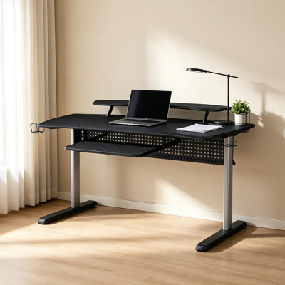 Black Computer Desk with Keyboard Tray, Monitor Riser & Headphone Hooks