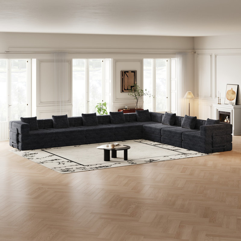 Canapé 8 places, canapé rembourré avec poches de rangement latérales et coussins pour le salon, Noir