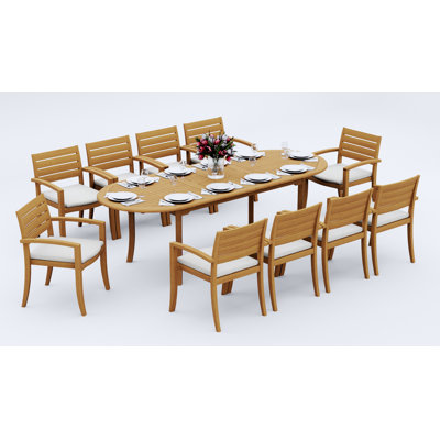 9 Pcs Grade-A Teak Wood Dining Set: 94" Double Extension Oval Table And 8 Travota Stacking Arm Chairs #11TV2208
