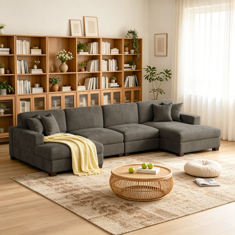 4 - Piece Upholstered Camel Chenille Modular Sectional Sofa with Armrests & Throw Pillows, Camel Chenille