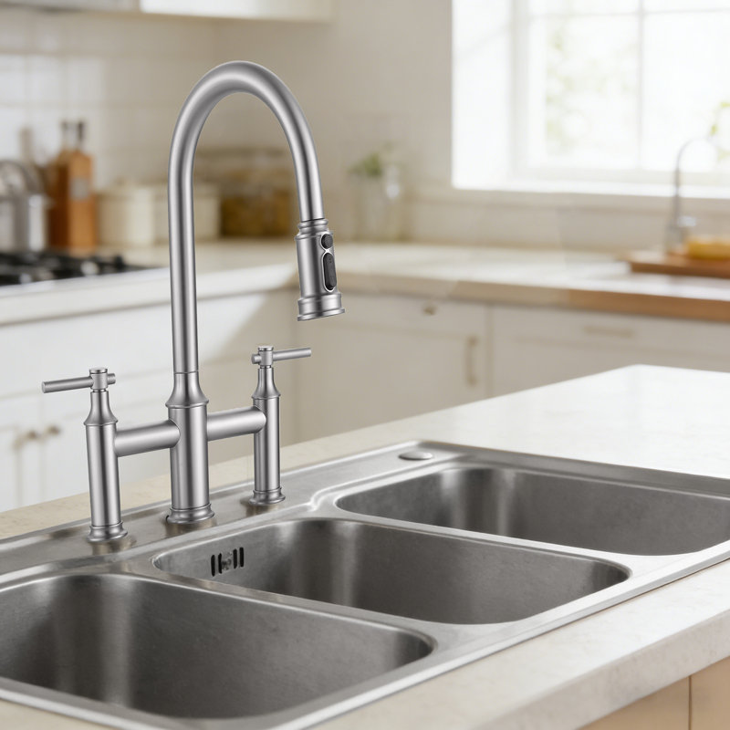 Bridge Kitchen Faucet, 3 Holes Kitchen Faucet With Pull Down Sprayer,2 Handles, 360° Swivel Spout, Brushed Nickel