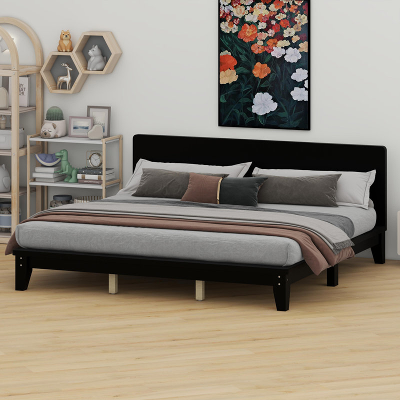 Base de lit moderne à profil bas avec tête de lit élégante et sommier à lattes solides pour le soutien du matelas, Noir