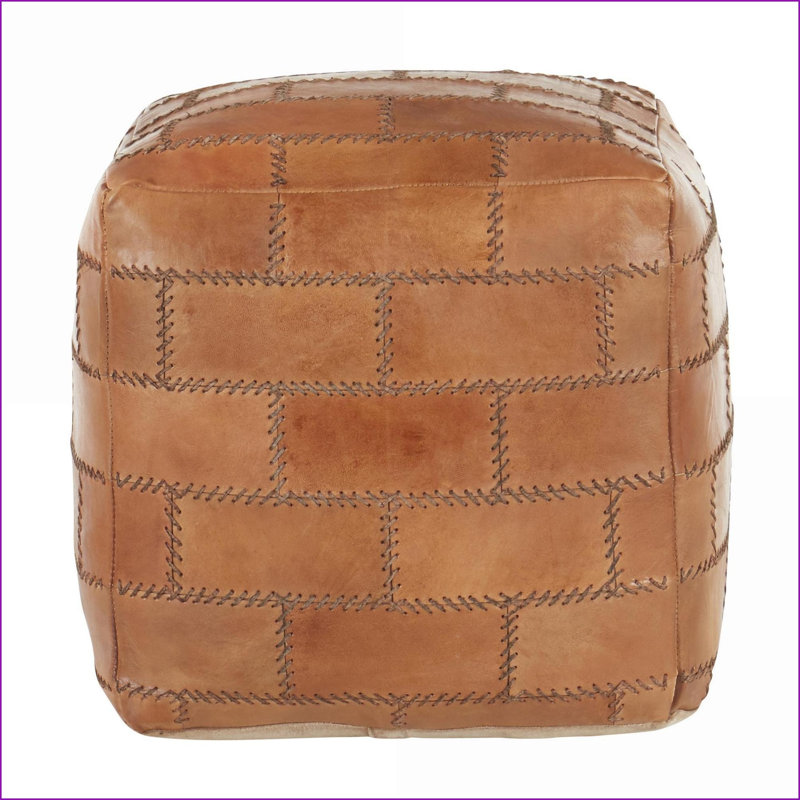 Ottoman Pouf with Industrial Patchwork Stitching for Extra Seating | Walnut Brown | Leather by LumiSource